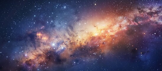 Naklejka premium A stunning close-up view of a vast galaxy filled with countless stars shining brightly in the backdrop of a vibrant blue sky