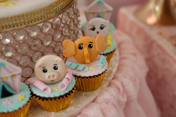 Photography of cupcackes and snacks for children's party with circus theme.