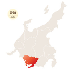 愛知県の明るく美しい地図、中部地方の中の愛知県