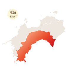 高知県の明るく美しい地図、四国地方の中の高知県