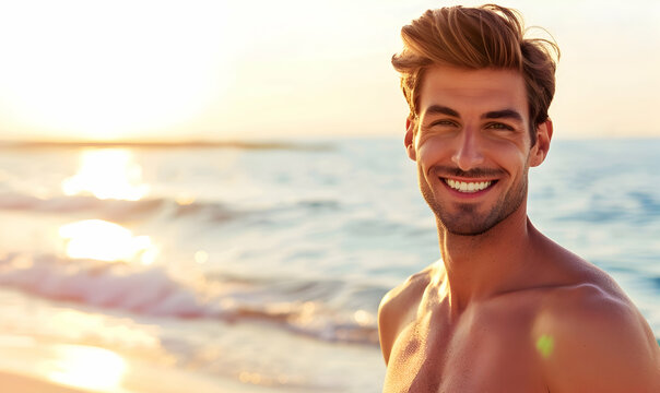 handsome sixpack shirtless man enjoying summer time in beach