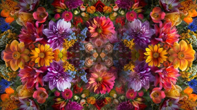A symphony of bright multihued flowers burst forth creating a kaleidoscope of floral fireworks in full bloom.