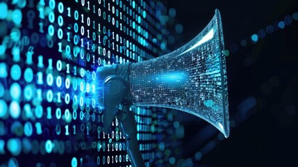 A megaphone producing a wave of binary code