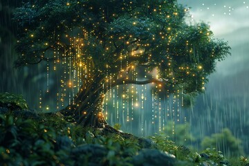 AI synthesis with nature, binary search tree, glowing data foliage