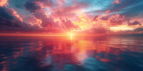 Fototapeta premium A stunning sunset paints the sky in vivid colors with clouds and the sun's reflection creating a mesmerizing pattern on the ocean's surface.