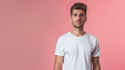 T-shirt mockup. A man wearing a white T-shirt isolated on light pink colour background