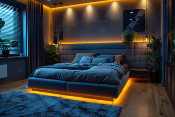 A bedroom with an LED bed frame, showcasing the ambient lighting effect and modern design of underbed lights in dark grey and blue tones. Created with Ai