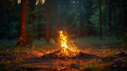 A cozy campfire crackles with vibrant flames in a tranquil forest setting as dusk sets in, evoking a sense of wilderness adventure.