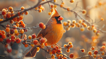 A vibrant Northern Cardinal perched delicately on a branch surrounded by golden autumn berries in soft sunlight.