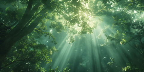 Majestic sunbeams filter through the dense canopy of a lush green forest, creating a tranquil and enchanting woodland scene.
