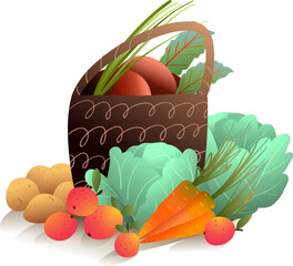 Autumn harvest basket of healthy vegetables with cabbage carrot apple beetroot and potato. Farming Hand-drawn vector cartoon, artistic seasonal illustration of fresh produce in watercolor style. - 785860946