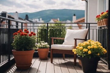 Fototapeta na wymiar Beautiful view of an armchair on the balcony with potted plants and flowers, Ourdoor view with copy space.