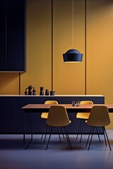 Modern kitchen interior with midnight blue accents and golden lighting