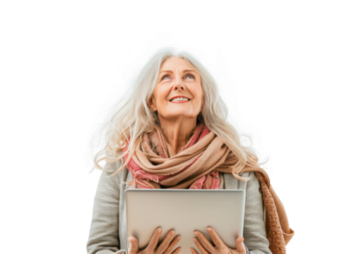 Senior Woman with Laptop and Joyful Gaze - Powered by Adobe