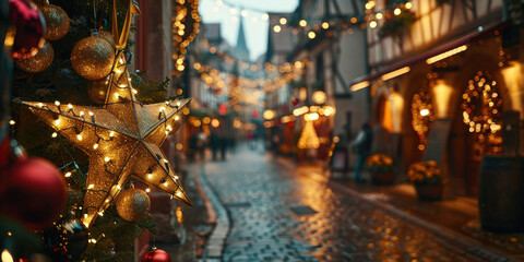 Festive Christmas decorations lighting up a cobblestone street in a charming European city at night