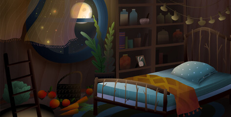 Empty children bedroom interior for kids fairy tale or bedtime story. Sleepy bedroom at night, bright full moon shining in window. Vector cartoon illustration for children story or fairytale book. - 785861387