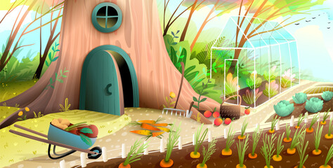 House in the forest tree with door and window. Greenhouse, carrots growing and farming in vegetable garden in woods. Background for children story. Vector book illustration for kids fairytale. - 785861523