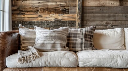 A comfortable oversized leather sofa is situated in front of a backdrop of weathered log wood paneling. The neutral tones of the wood create a cozy and inviting atmosphere perfect . - obrazy, fototapety, plakaty