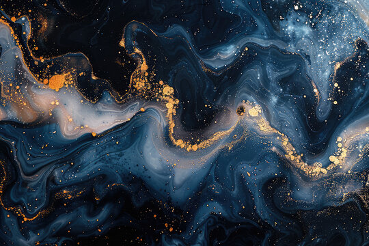 A dark blue and gold marble pattern with swirls of rich, deep hues and shimmering accents that resemble swirling galaxies in space. Created with Ai