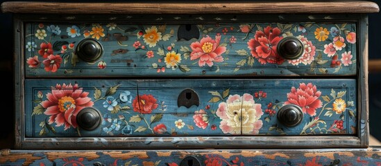 A closeup of a chest of drawers with intricate flower designs painted on its surface, adding a touch of elegance to the furniture