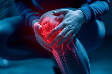 Person in pain with injured knee in the style of neon painting