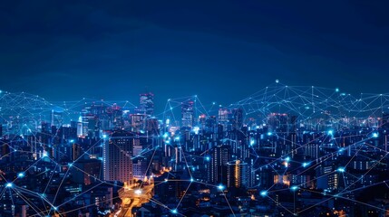 smart city with digital connections and urban development, symbolizing the integration of technology in sustainable living and business operations. 