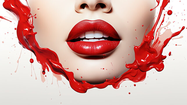 Contemporary Art of Oil Painting of Woman Lips With Splashing Red Liquid Paint Color Lipstick on White Background