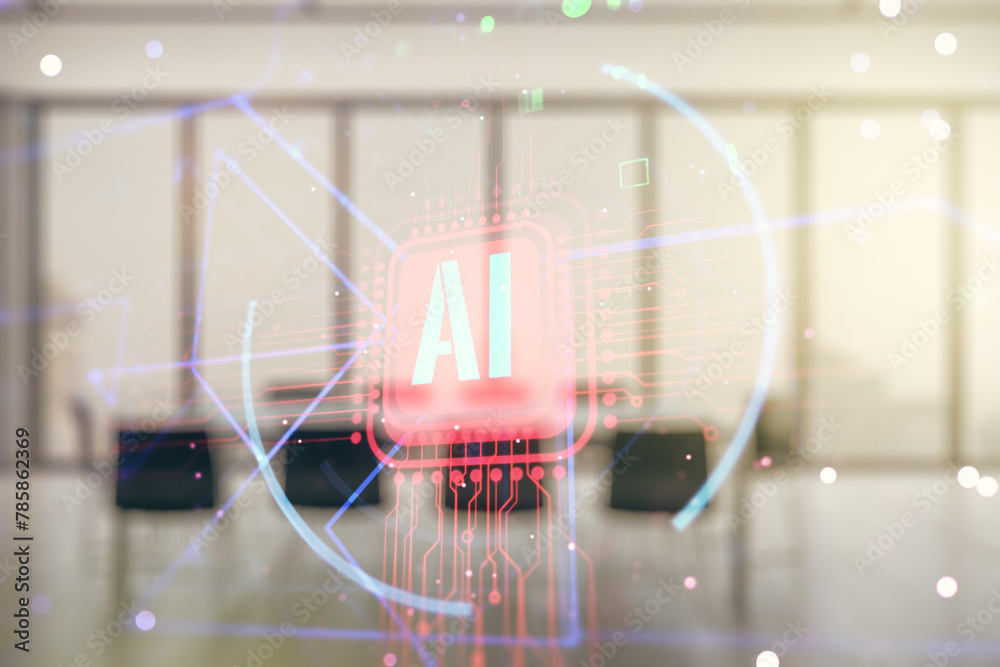 Poster double exposure of creative artificial intelligence abbreviation hologram on a modern boardroom back