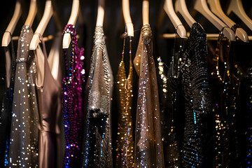 Luxurious evening dresses in sequins on hangers in the fitting room. 