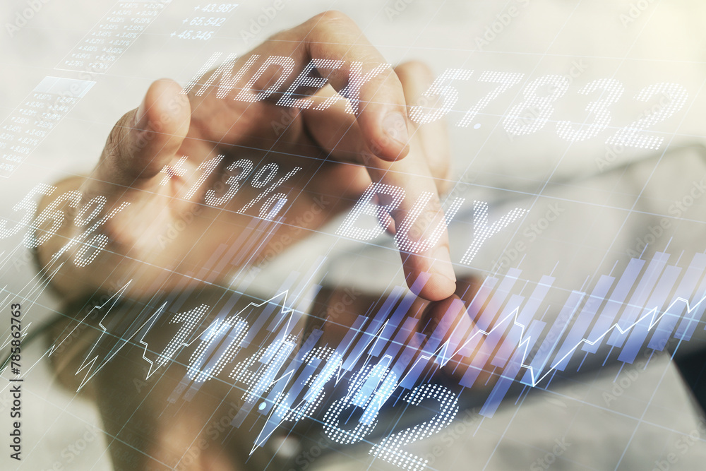 Poster multi exposure of abstract financial graph and hand working with a digital tablet on background, fin