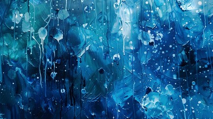 Abstract representation of spring showers, with fluid blues and intermittent bright spots, capturing the nourishing rain. - obrazy, fototapety, plakaty