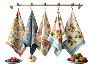 Different kitchen towels hanging on hook rack