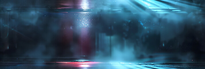 Fototapeta premium Wet asphalt, reflection of neon lights, a searchlight, smoke. Abstract light in a dark empty street with smoke, smog. Dark background scene of empty street, night view, night city.