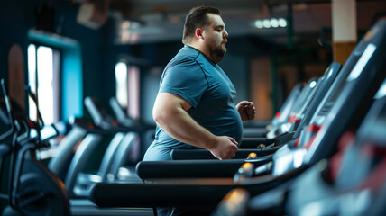 Obese Man Jogging on a Treadmill for Diet