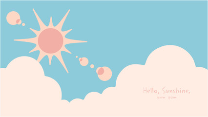 Cute pale gentle colors sunny sky background image. Vector illustration of the sun and sunshine through the clouds.