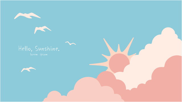 Cute pale gentle colors sunny sky background image. Vector illustration of the sun behind clouds and flying birds.