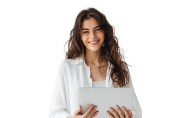 Smiling Woman with Laptop on Transparent Background