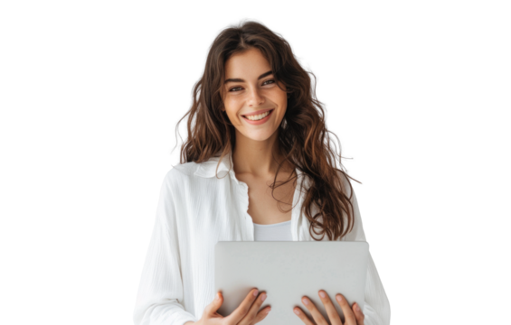 Smiling Woman with Laptop on Transparent Background