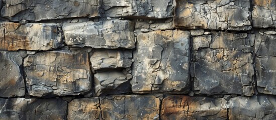 Fototapeta premium A lone bird sitting gracefully on the weathered surface of a tall and sturdy rock wall in close-up view