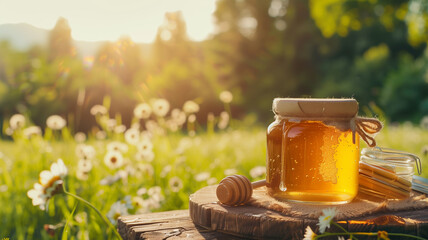 Honey Jar Sitting on a Flower Field Table on a Bright Day - obrazy, fototapety, plakaty