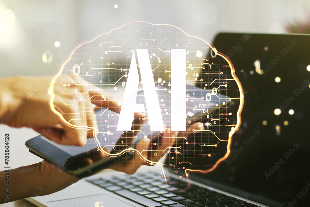Poster double exposure of creative artificial intelligence symbol with finger clicks on a digital tablet on