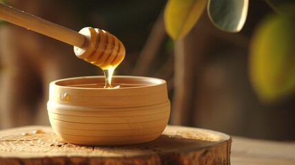 Homemade Fresh Honey on a Wooden Bowl with a Honey Dipper - obrazy, fototapety, plakaty