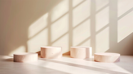 Fototapeta na wymiar Pastel Colored Four Product Pedestal with Ambient Light form Window