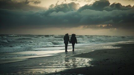 Naklejka premium Two lovers walk hand in hand along a deserted windswept beach backs facing the camera as they disappear into the horizon of . .