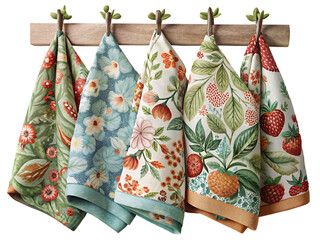 Different kitchen towels hanging on hook rack