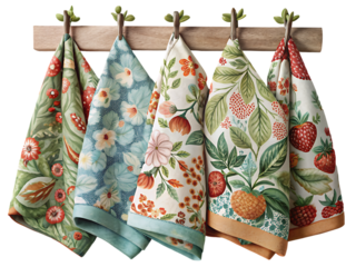 Different kitchen towels hanging on hook rack