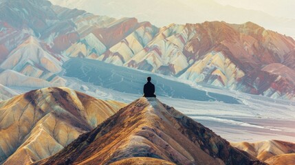 A lone figure facing away from the camera takes a peaceful moment to meditate amidst the serene beauty of the mountain their posture . .