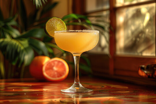 Delightful image of a perfectly mixed Margarita served in a chilled glass with a salted rim