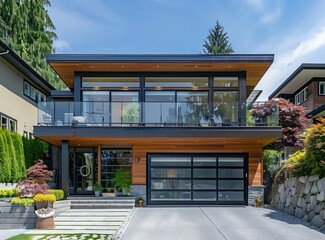 Modern house with glass balcony and garage door in the city of vancouver - obrazy, fototapety, plakaty