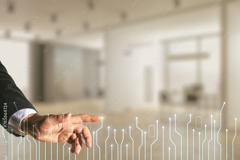 Poster double exposure of male hand presses on abstract virtual circuit hologram on blurred office backgrou